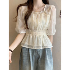 刺繍入り耳付き小香風シフォンシャツ夏ショートフレンチスイートスタイルシャツレディーストップスシフォン半袖