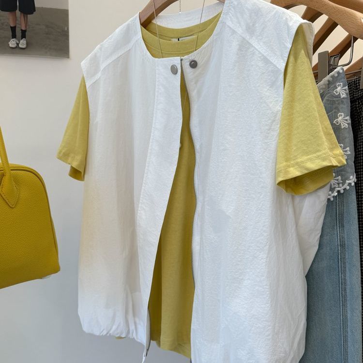 European Goods 2025 Spring and Summer New Round Neck Zipper Loose Slimming Look Sleeveless Vest Women's Jacket Top