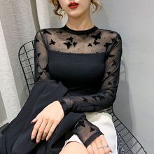 打底衫长袖小衫修身恤蕾丝圆领网纱拼接2025新款防晒大码秋夏