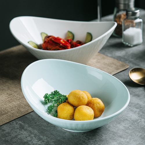 Korean ship bowl Yuanbao bowl unconventional slanted mouth hot pot salad bowl commercial ceramic restaurant hotel cooking tableware