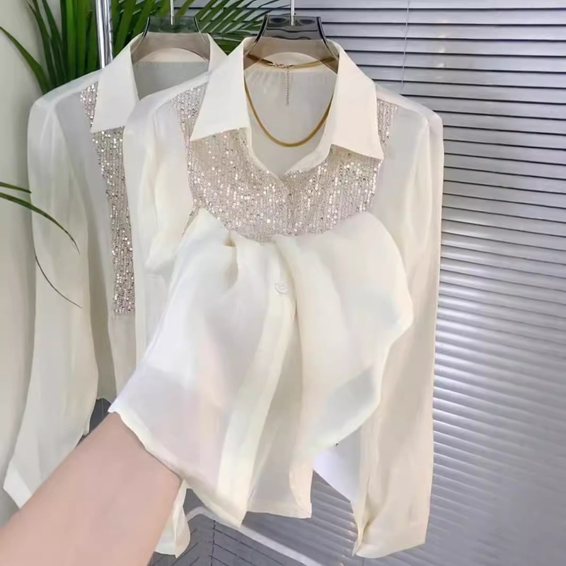 French sequins sparkling long sleeve apricot shirt women's 2024 early autumn new design niche POLO collar top