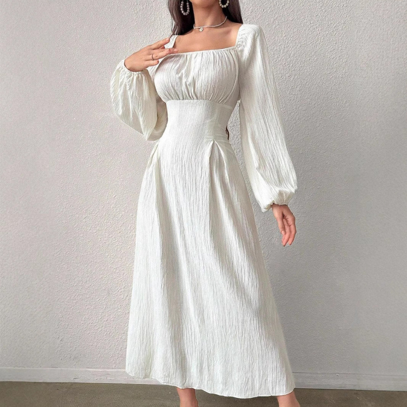 Cross-Border European and American Plus Size Women's Clothing Amazon New Square Neck Waist Slimming Look A-Line Skirt Elegant Long-Sleeved Dress