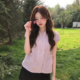 2026新款甜美减龄粉色格纹泡泡袖双排扣娃娃领衬衫女夏季休闲上衣