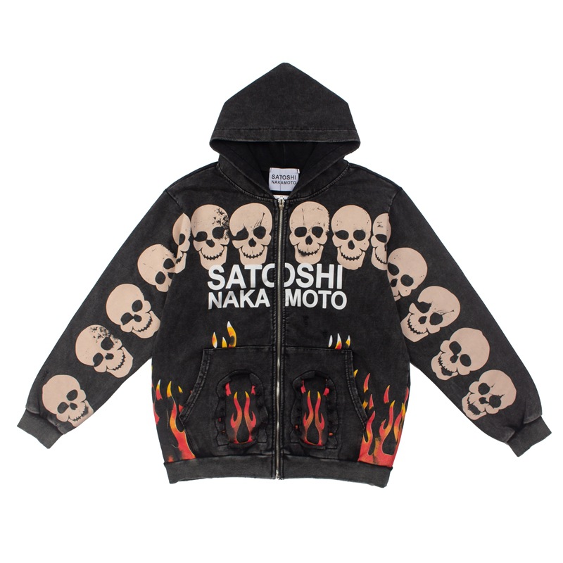 Satoshi Nakamoto Skull Flame Zip Up Jacket Black
