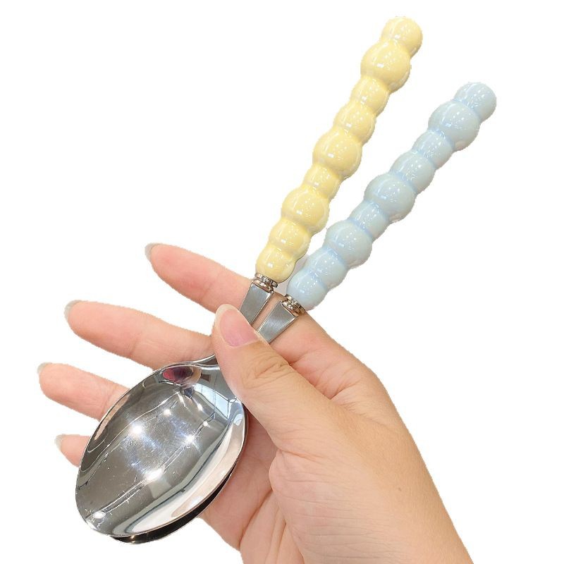 Ceramic Handle Stainless Steel Round Soup Spoon For Home Dining_voghion.com