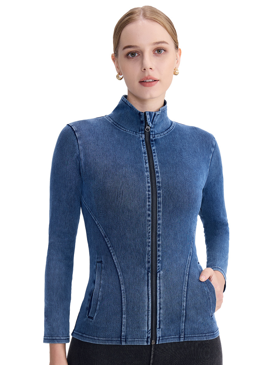 Chaqueta de yoga de mezclilla con cremallera para mujer, estilo nuevo de primavera y verano, cuello alto, corte ajustado, doble bolsillo, ropa deportiva, top de fitness.