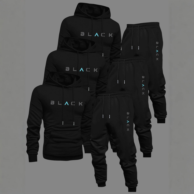 Spring and Autumn Fleece-Lined Hooded Sweatshirt Set for Men, Balance Letter Print, Warm Sports Casual Two-Piece Set