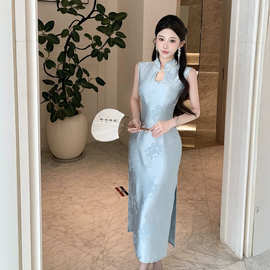 东南亚跨境外贸女装中式复古旗袍修身显瘦长款高端礼服连衣裙项链