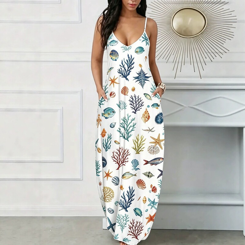 Tropical Plant Print Spaghetti Strap Long Dress Amazon Independent Site Cross-Border Vacation Style Long Dress with Pockets Tropical Plant Print Spaghetti Strap Long Dress Amazon Independent Site Cross-Border Vacation Style Long Dress with Pockets