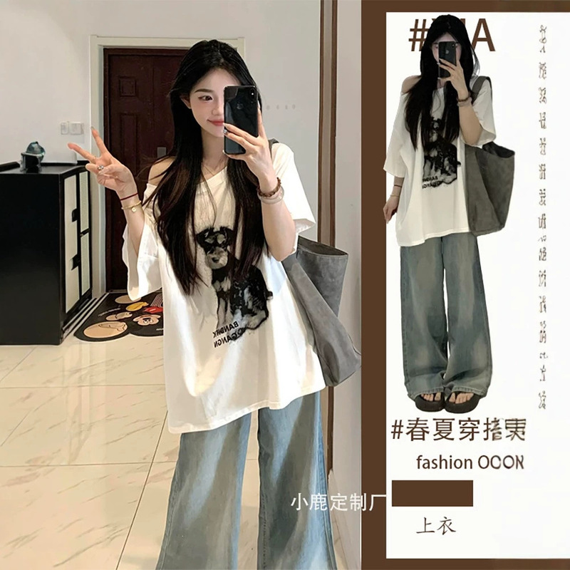 Summer Outfit Korean Style White Off-Shoulder Short-Sleeve T-Shirt for Female Middle School Students Petite Denim Pants Complete Set Summer Outfit Korean Style White Off-Shoulder Short-Sleeve T-Shirt for Female Middle School Students Petite Denim Pants Complete Set