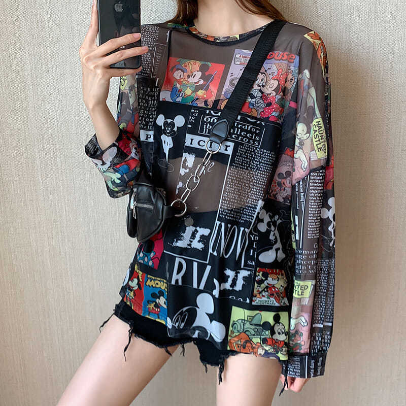 トムとジェリー アイスシルク日焼け止めブラウス Tシャツ レディース 夏 大きいサイズ ルーズ プルオーバー 長袖 薄手 メッシュ トップ|undefined