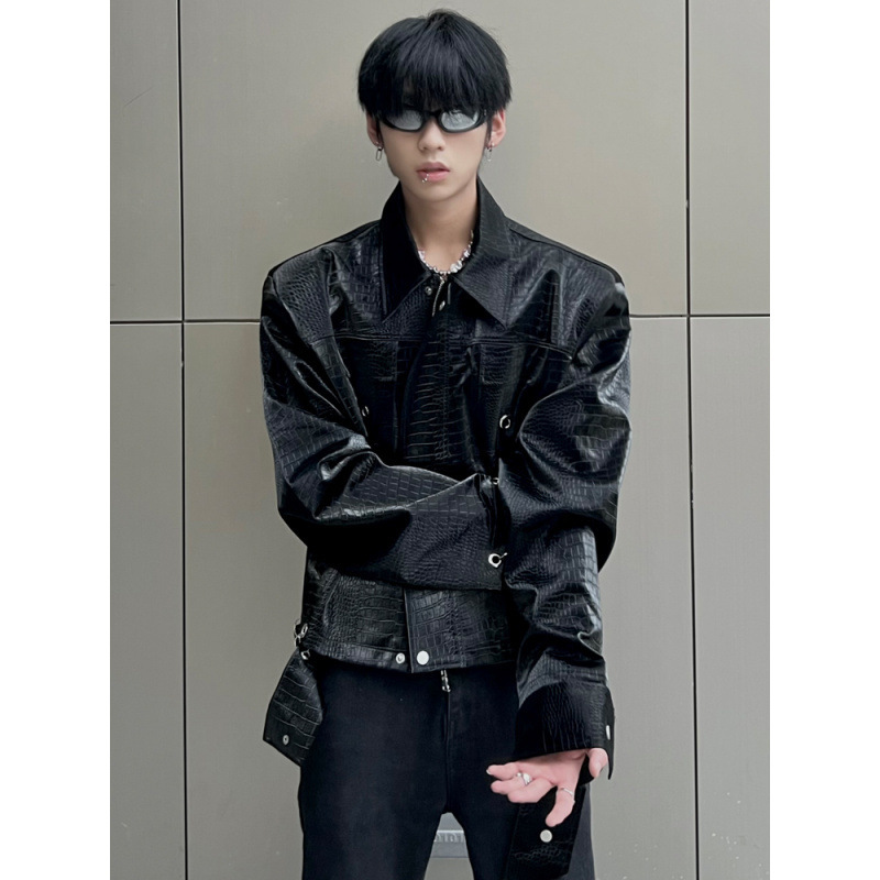 High Street Trendy Crocodile Pattern Shoulder Pad Leather Jacket for Men, Spring Loose and Versatile Pu Leather Short Couple Jacket