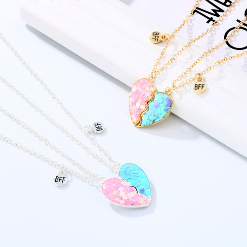 Cross-border new BEST best friend necklace set magnet pair of sequined green onion powder glue pendant for female students