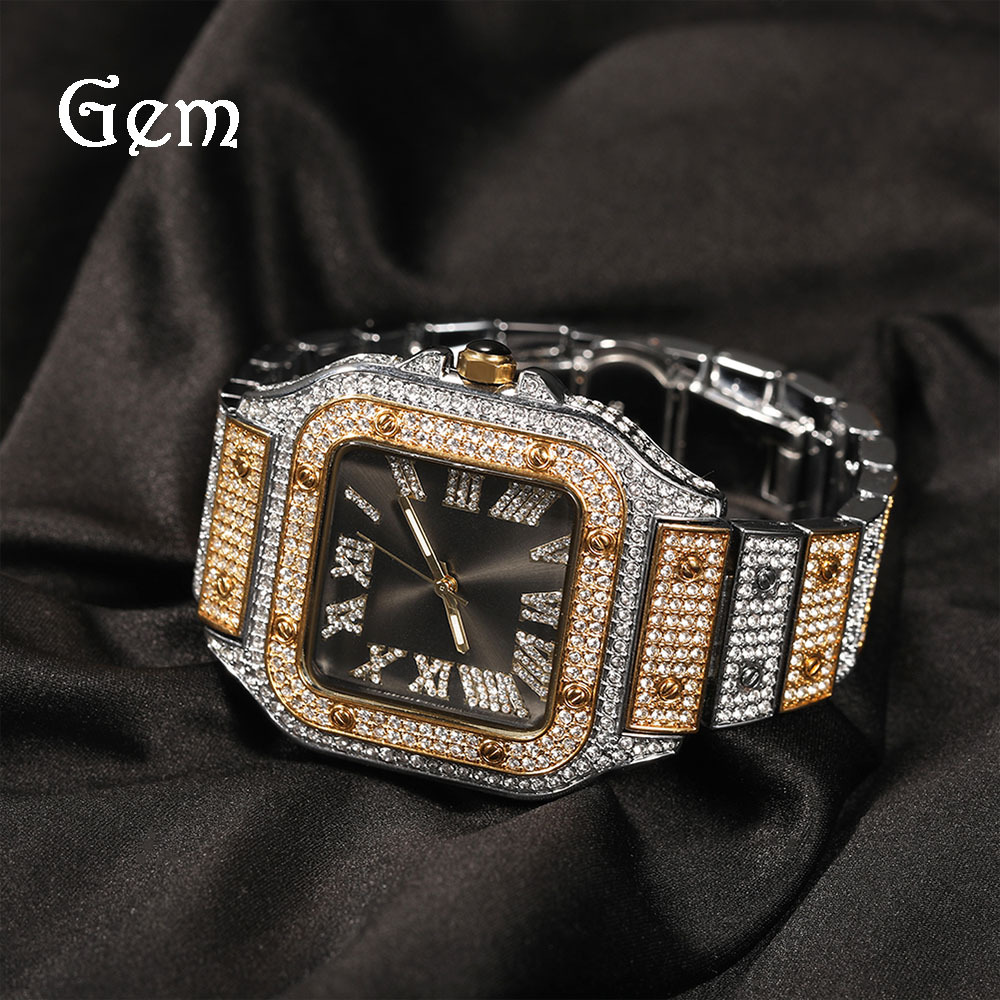 European and American hip-hop Roman scale quartz watch, fashionable full diamond square dial men's watch cross-border supply