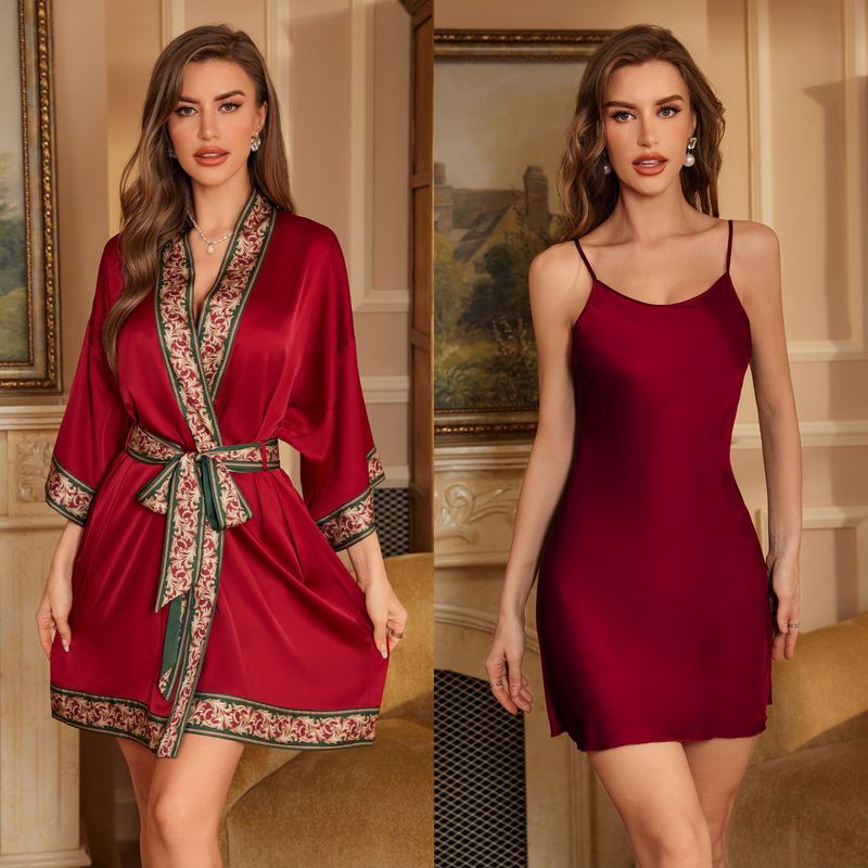 Yaoting Elegant High-End Satin Chiffon Nightgown Women's Spring, Summer and Autumn Luxury Home Clothes Bathrobe Sling Two-Piece Set