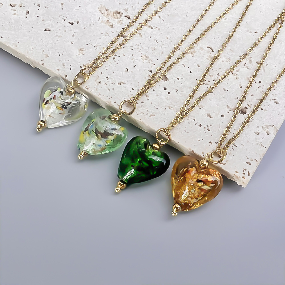 10g Weight Pendant Necklace Classification Retro Heart Shape Stainless Steel Glass Plating Pendant Necklace