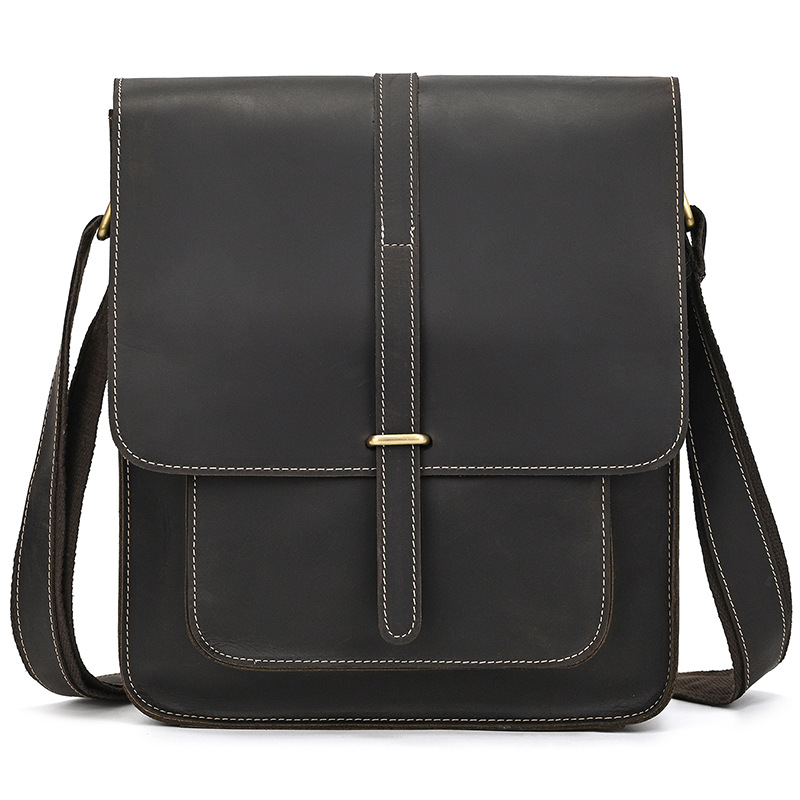 メンズ本革ショルダーバッグ、クレイジーホースレザークロスボディバッグ、トップグレイン牛革フリップカバーショルダーバッグ、iPadバッグ、越境専用