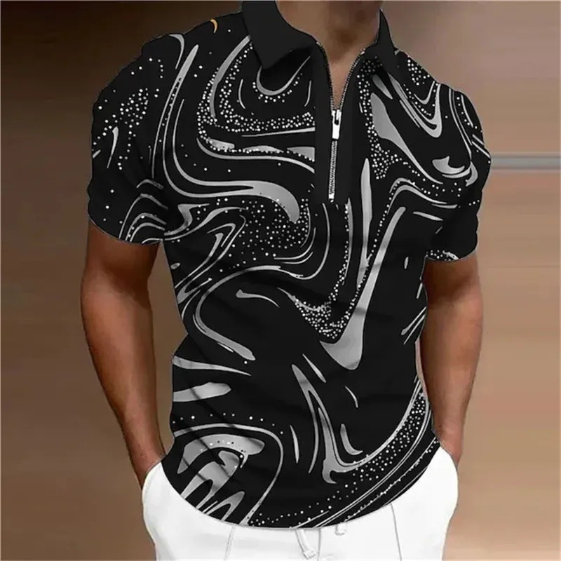 2024 venta caliente personalidad moda impresión 3D hombres verano calle suelta solapa manga corta cremallera camisa POLO