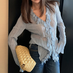 法式花瓣v领蓝色女士衬衫早秋高级设计感外套长袖上衣