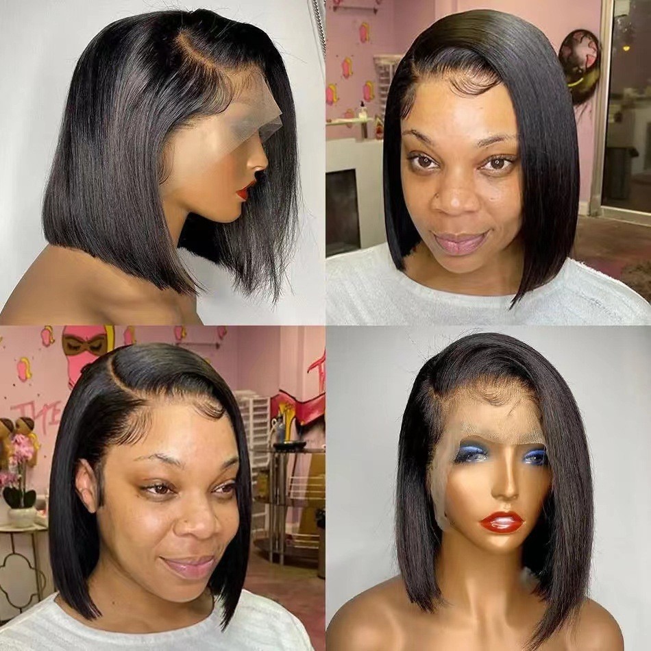 Peruca feminina estilo europeu/americano com renda 13x4, cobertura total da cabeça, corte bob curto e liso._voghion.com