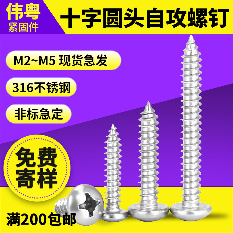 316不锈钢圆头自攻耐腐蚀M2M3M4M5M6盘头自攻牙螺丝PA尖尾螺钉