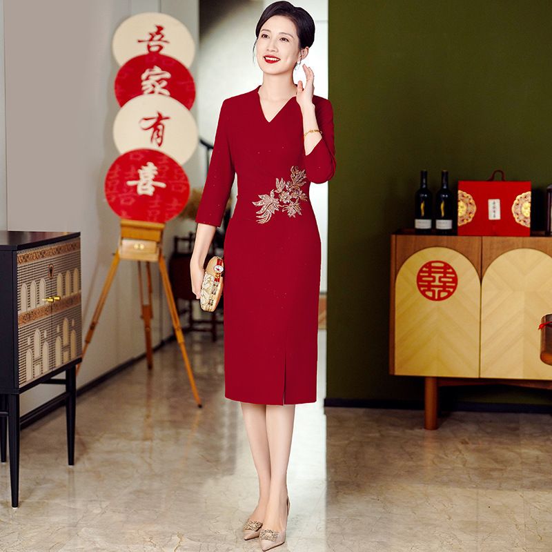喜婆婆婚宴装婚礼妈妈中式礼服女春装高贵丈母娘旗袍连衣裙中长款|undefined