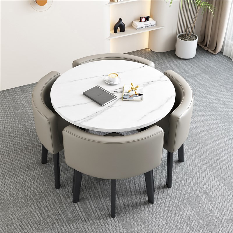 [Factory] 80 imitation white stone round table light gray leather chair