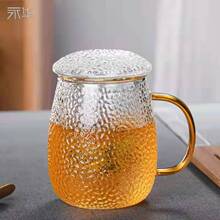 彩色把玻璃锤纹杯玻璃带盖过滤办公三件套茶杯水杯礼品茶具办公杯