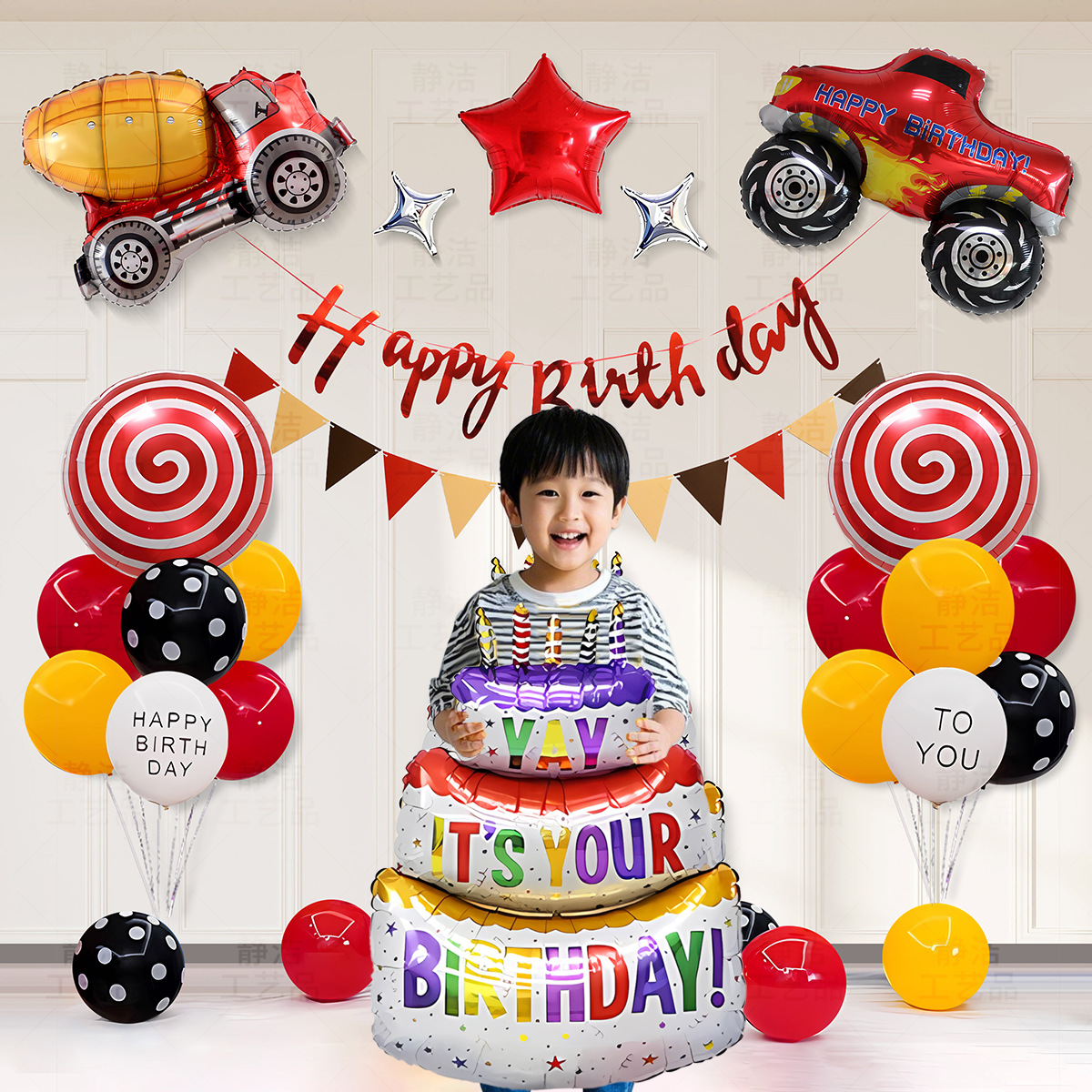 Diseño de cumpleaños del tema del vehículo de ingeniería, niño de 2 años y 3 años, tesoro masculino, automóvil de ingeniería, decoración de fiesta de cumpleaños para niños