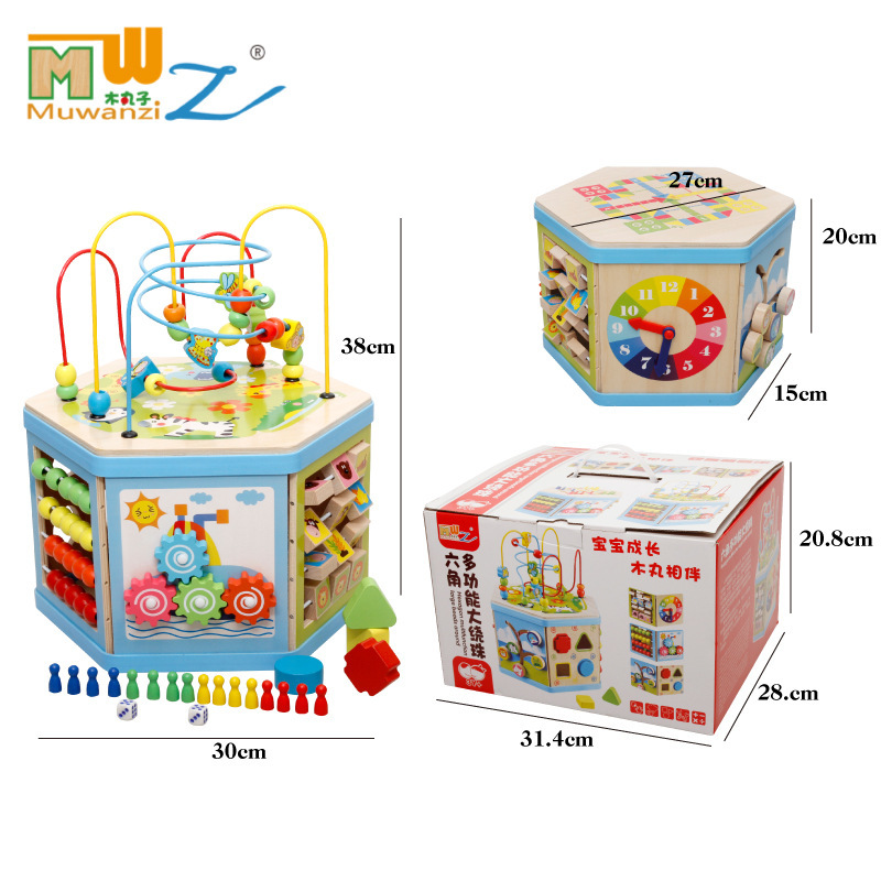 Bolas de madera multifuncionales cuentas hexaédricas grandes Cofre del Tesoro de madera bebé Qizhi cuentas juguetes al por mayor