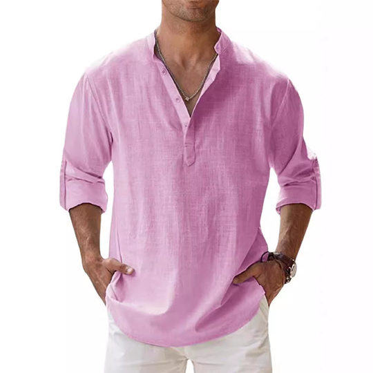 Summer New Casual Men's Loose Men's Fashionable Collar Sports Solid Color Long Sleeve Cotton Top Large Size Shirt in Stock