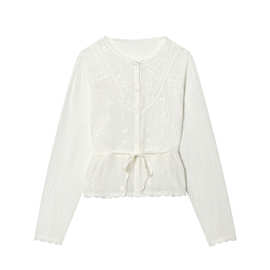 亚马逊批发春季新款女装百搭圆领单排扣长袖配腰带衬衫0881102