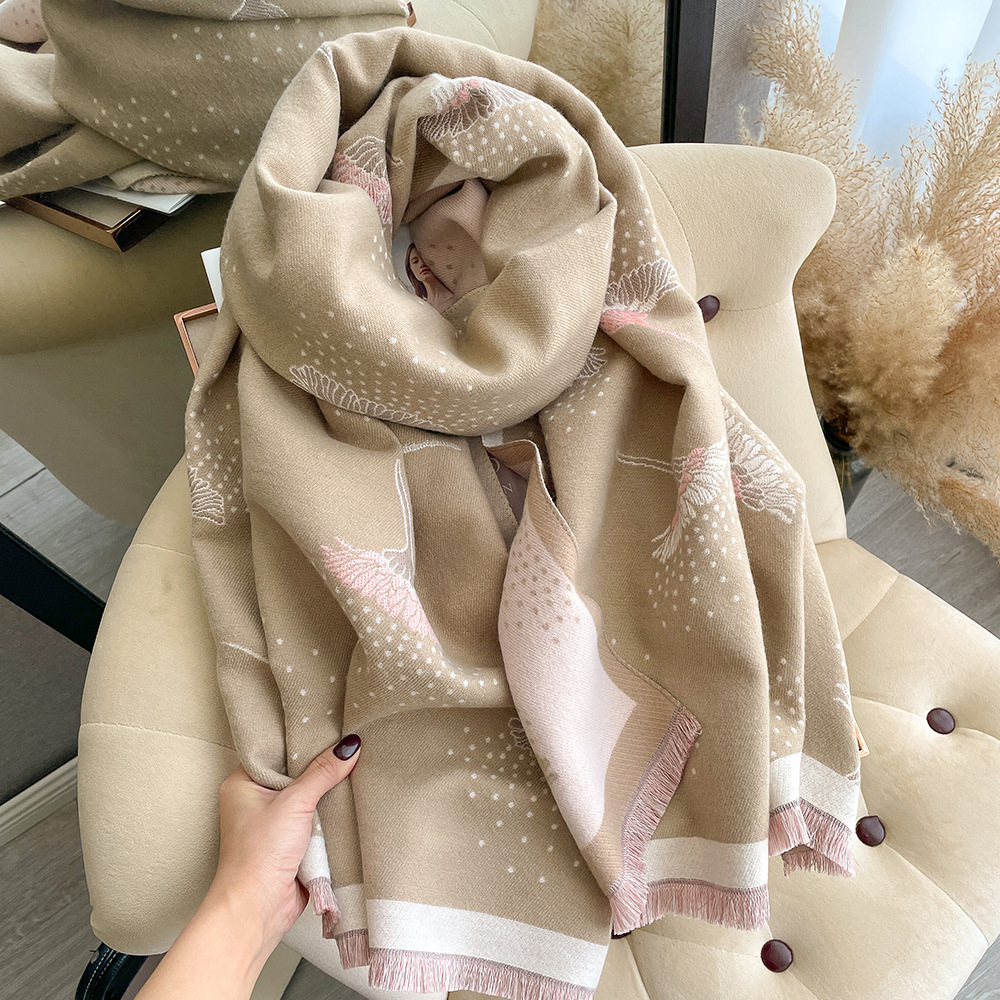 Imitation Cashmere Thickened Scarf for Girls with Dandelion Pattern Color Matching Shawl, Short Whiskers, Tassels Decoration, Warm Scarf_voghion.com