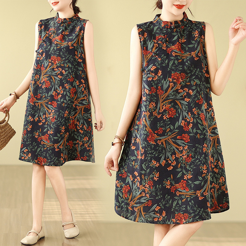 Real Shot of 2026 Summer Chinese-Style Improved Cheongsam, Artistic Retro Cotton-Linen Loose Mid-Length Floral Dress for Women Real Shot of 2026 Summer Chinese-Style Improved Cheongsam, Artistic Retro Cotton-Linen Loose Mid-Length Floral Dress for Women