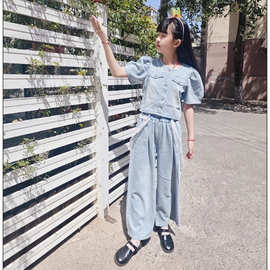 女童牛仔短袖套装2026新款韩版洋气蕾丝腰带阔腿裤薄款夏季两件套