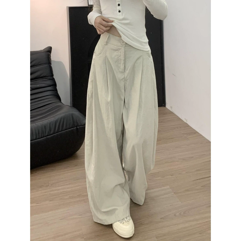 Женские брюки-палаццо в стиле casual, молочный цвет, 2025 года, высокая талия, утягивающие, универсальные, свободные, драпированные, прямые.