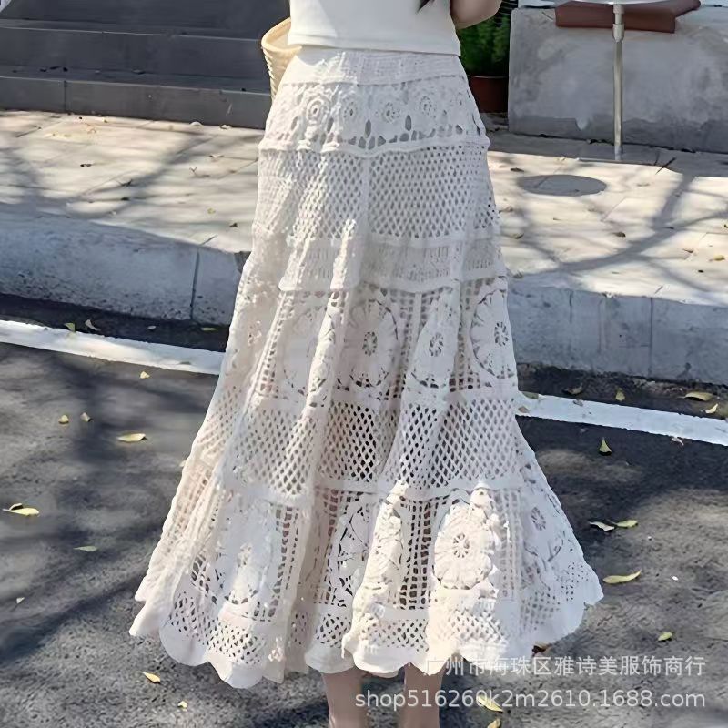 New Gentle Style Niche Design Sense Long Dress Women's Elegant Lace Heavy Industry Crochet Hollow Slim A- line Skirt