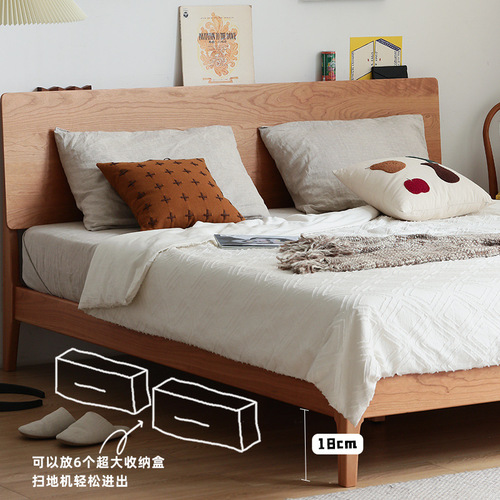 Nordic solid cherry wood minimalist Japanese style single bed for small studio 1.5m, 1.8m solid wood double bed for master bedroom