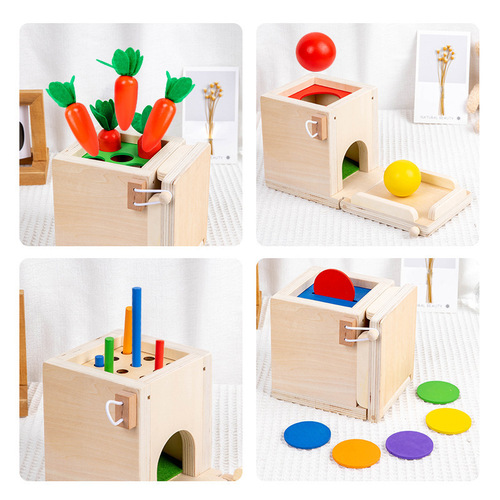 Montessori four-in-one coin box multifunctional inserting stick and pulling out carrots for young children building blocks color matching intelligence box toys