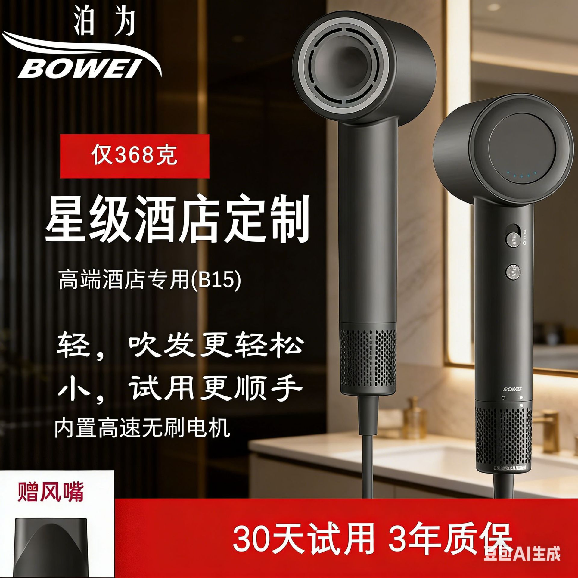Bowei B15 High-Speed Hair Dryer for Home Use, Negative Ion, Suitable for Star Hotels, Strong Wind, Quick Drying