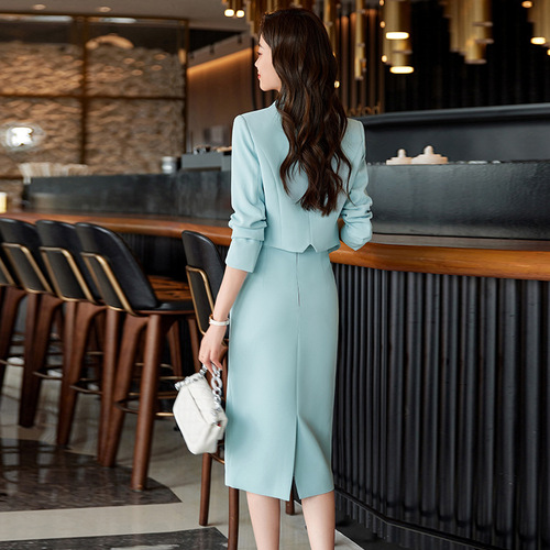 Blue suit suit, feminine style, socialite Xiaoxiang style professional suit, skirt, skirt, high-end short jacket