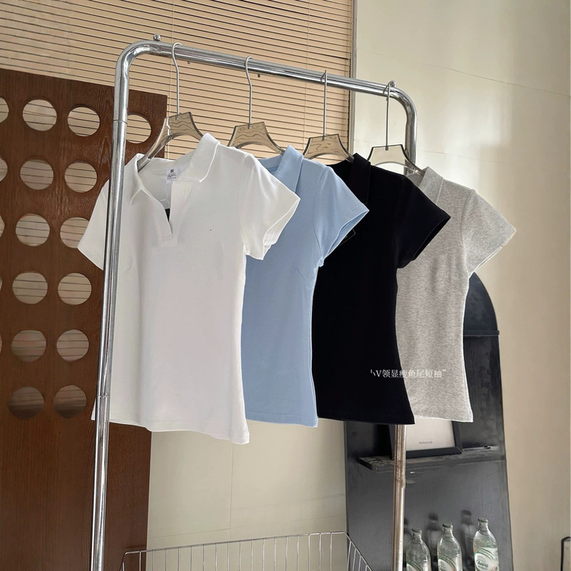 062301 Little Tree Lapel V-Neck Fishtail Polo Shirt for Women, Slim-Fit Hot Girl Short-Sleeve T-Shirt 062301 Little Tree Lapel V-Neck Fishtail Polo Shirt for Women, Slim-Fit Hot Girl Short-Sleeve T-Shirt
