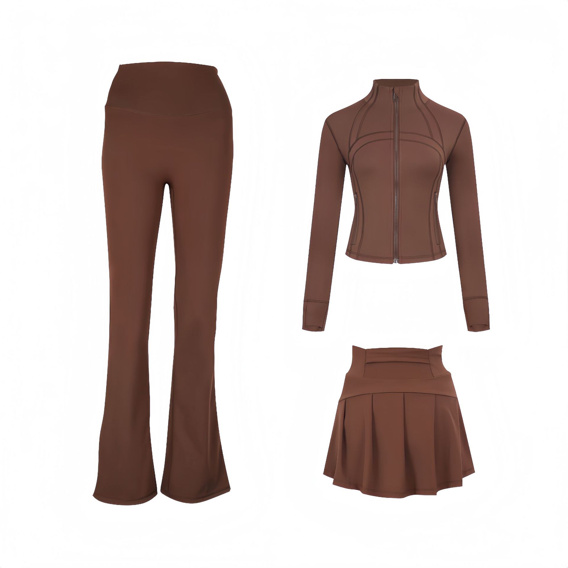 Women's Cropped Jacket & Mini Skirt & Flare Pants 3-Piece Set – Stretchy Activewear For Yoga, Running & Street Style (Nylon Blend, Slim Fit)_voghion.com