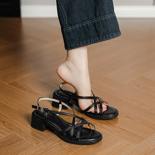Comfortable and Not Tired Foot Soft Bottom Thick Heel Open Toe Sandals Women's Summer New Arrival Thin Strap Woven Mid Heel Roman Shoes Women's Outer Wear