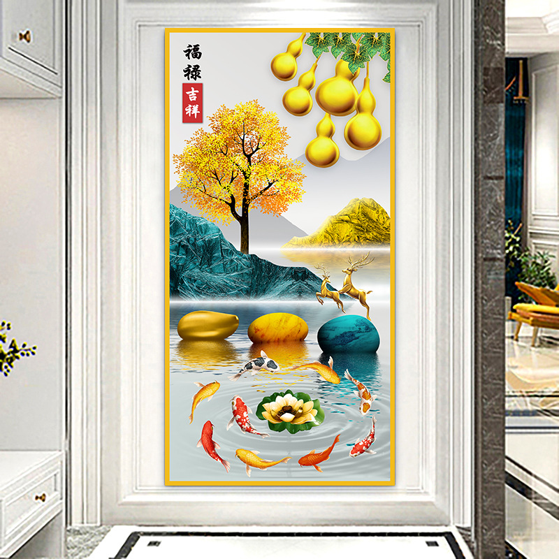 Pintura de entrada de pintura tradicional china Pintura de decoración del pasillo frente a la puerta Pasillo de nueve peces Pintura colgante de fondo de lujo ligero Pintura mural