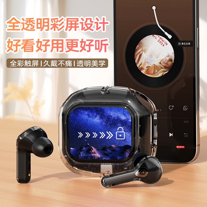 Auriculares Bluetooth AirMAX transfronterizos en la oreja, pantalla táctil LCD a color, reducción de ruido, auriculares deportivos transparentes de larga duración