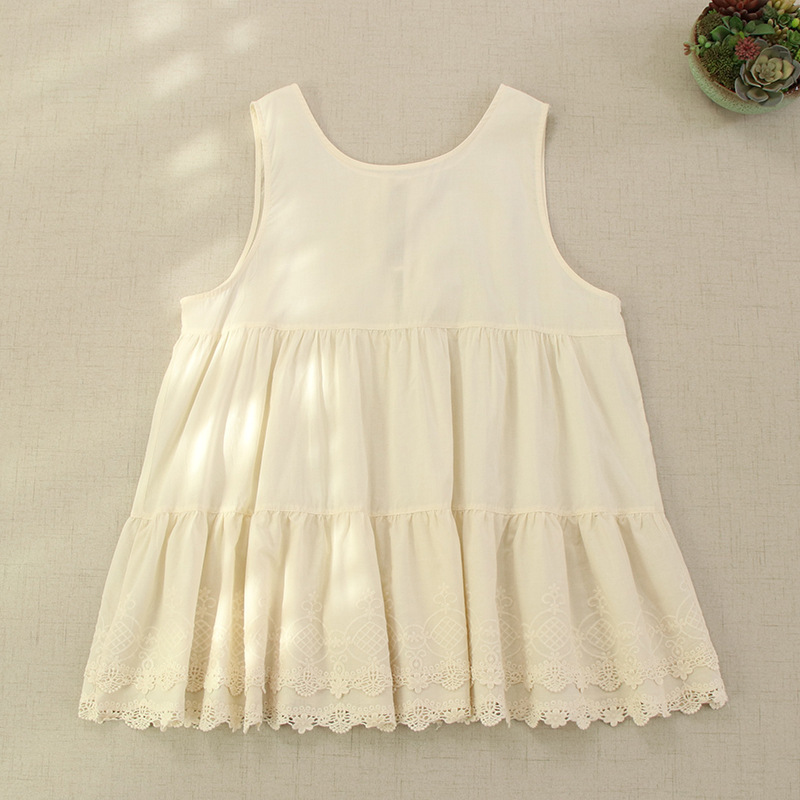 New Style Sweet Mori Girl Artistic Embroidered Lace Sleeveless Vest Dress Loose Inner Base Back Collar Lace-Up Mid-Length Dress