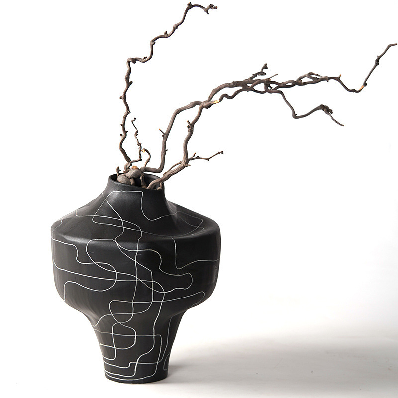 Modern Ceramic Pots, Coarse Pottery Black Jars, Vintage Table Vases, Light Luxury Matte Antique Flower Vessels, Soft Decorative Items