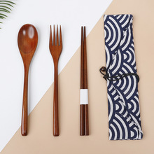 日式长柄缠线勺叉筷子三件套 木质户外便携餐具筷子勺子套装