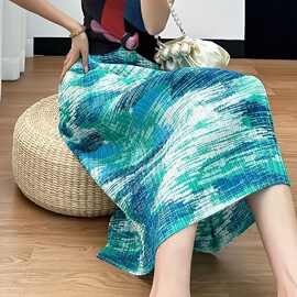 #百褶裙（裙脚开叉） 高级感油画印花半身裙女夏季新款韩版